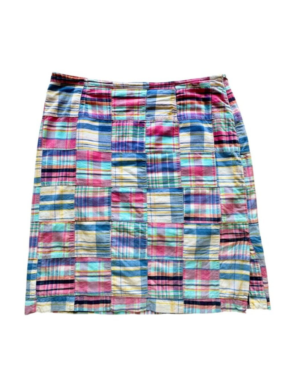 Cape Madras Patchwork Skirt Women's 10 Multicolor Pink Blue Cotton Preppy Summer